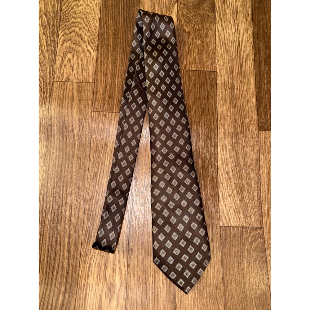 Paco Rabanne Paris Mens Silk Tie Brown Blue Geometric Diamond Pattern Classic